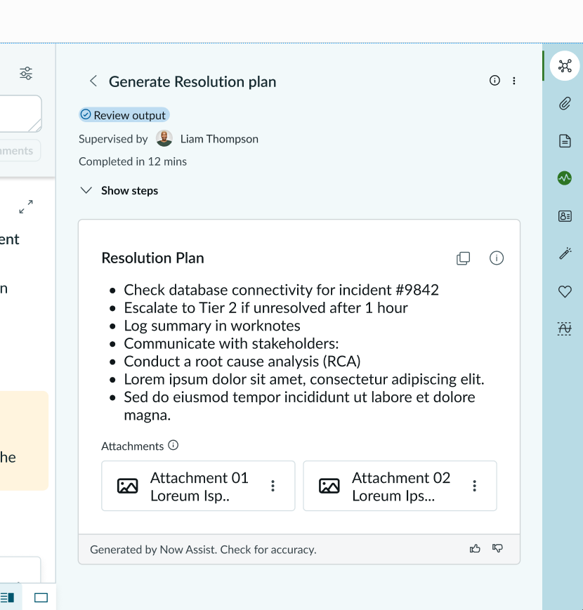 AI-generated resolution plan output with attachments and review controls